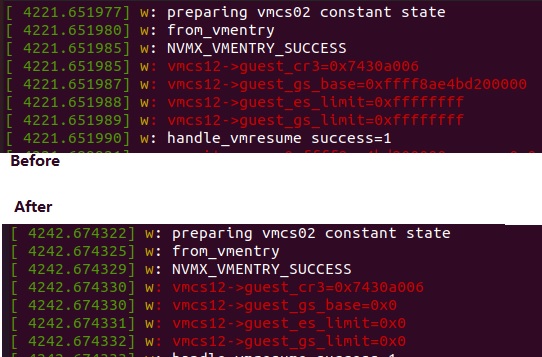 A few registers I printed on dmesg via printk, on first load of the snapshot (before) and after attempting to restore to the snapshot (after).