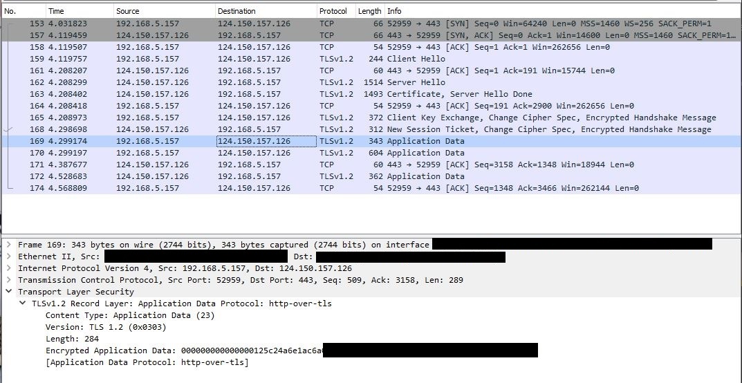 Following the login packet stream on Wireshark shows the key exchange, then the start of TLS session